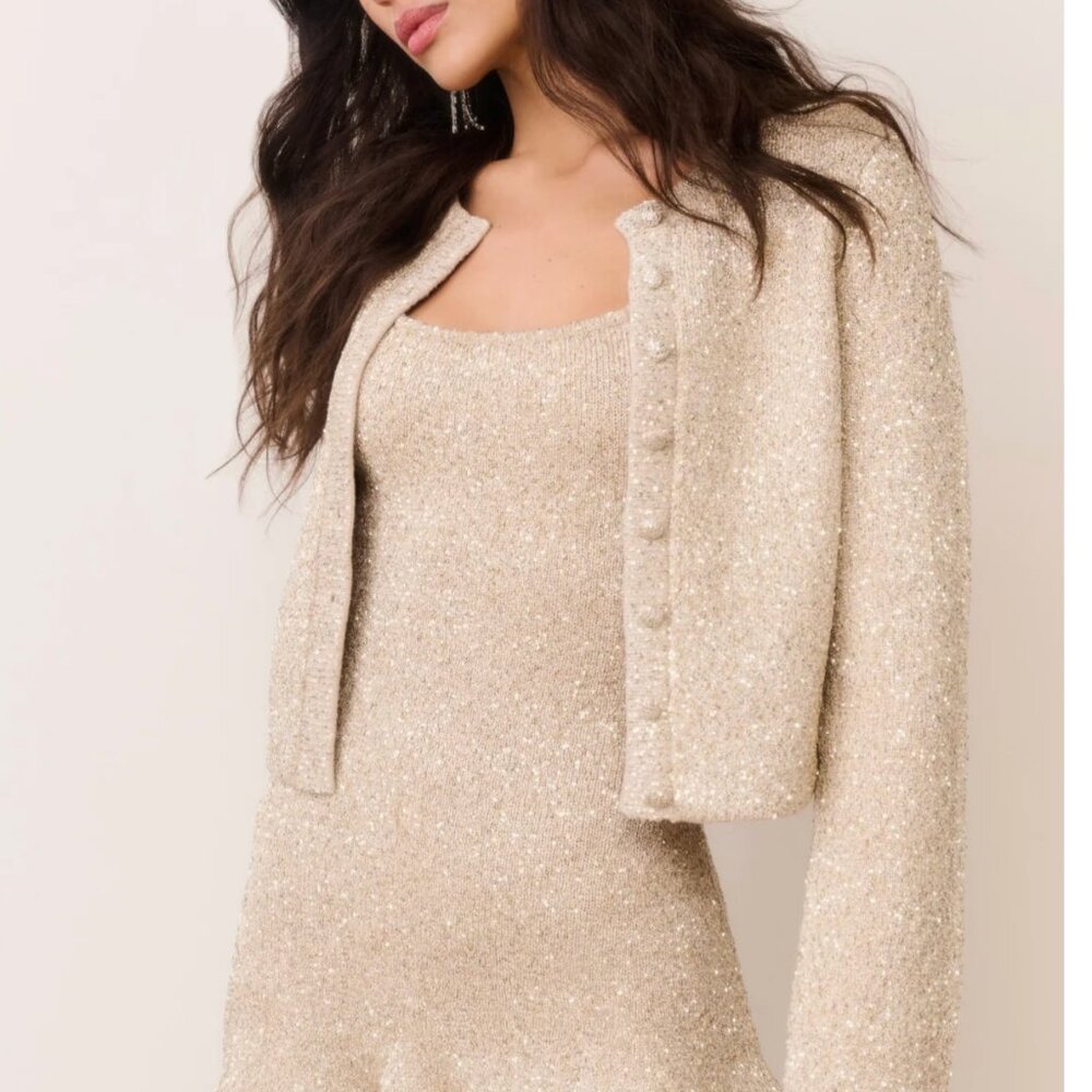 NWT LoveShackFancy Ferra Sequin Stretch Knit Cardigan Honey Gold Holiday - Picture 11 of 14